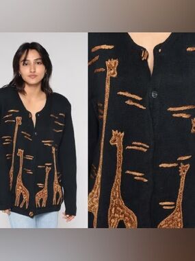 Vintage Womens Giraffe Knit Cardigan Sweater Black Tan Embroidered Animal Size M